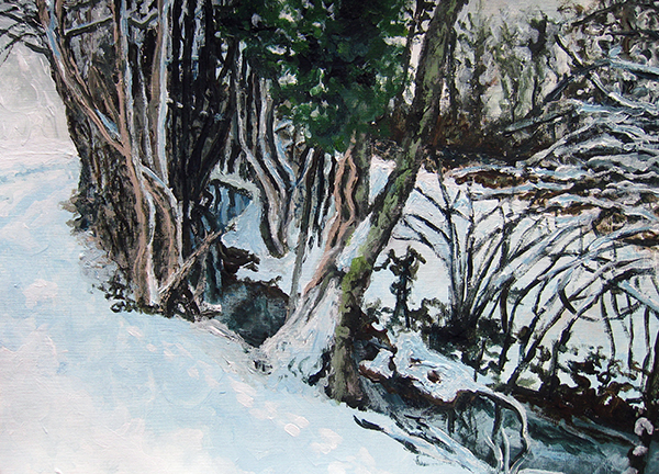 Acrylbild zum Thema Wald: Winterlandschaft am Bach