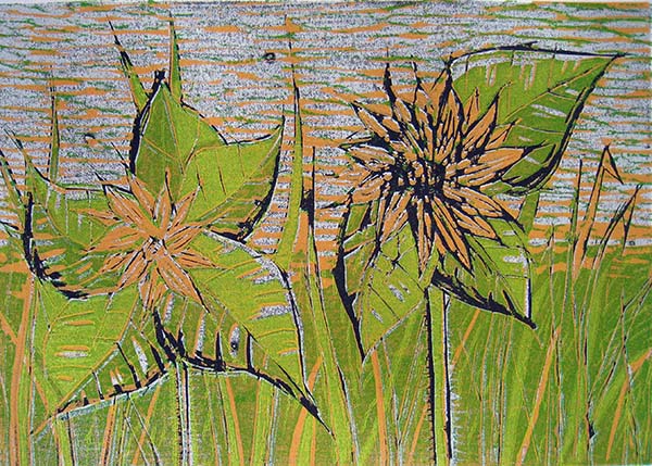Holzdruck, Verlorene Druckform mit Sonnenblumen